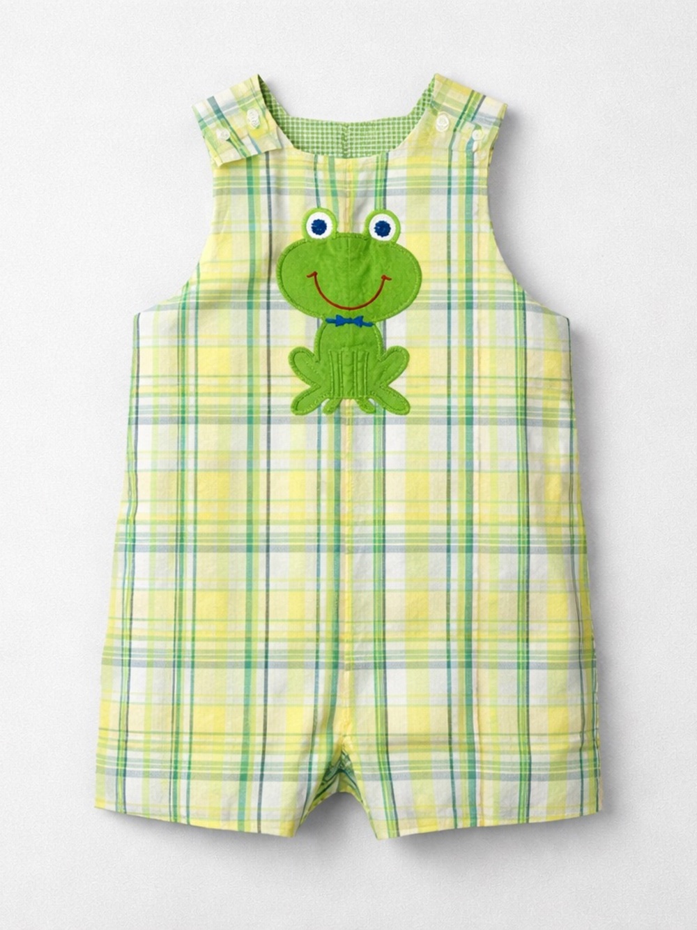 The Bailey Boys lime and yellow plaid frog appliqué Jon Jon reversible size 12m